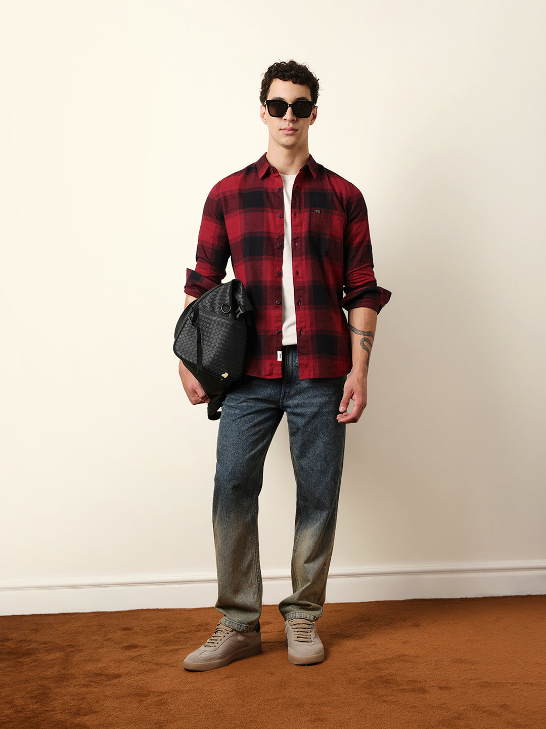 Maroon & Black Checked Flannel Slim Fit Casual Shirt