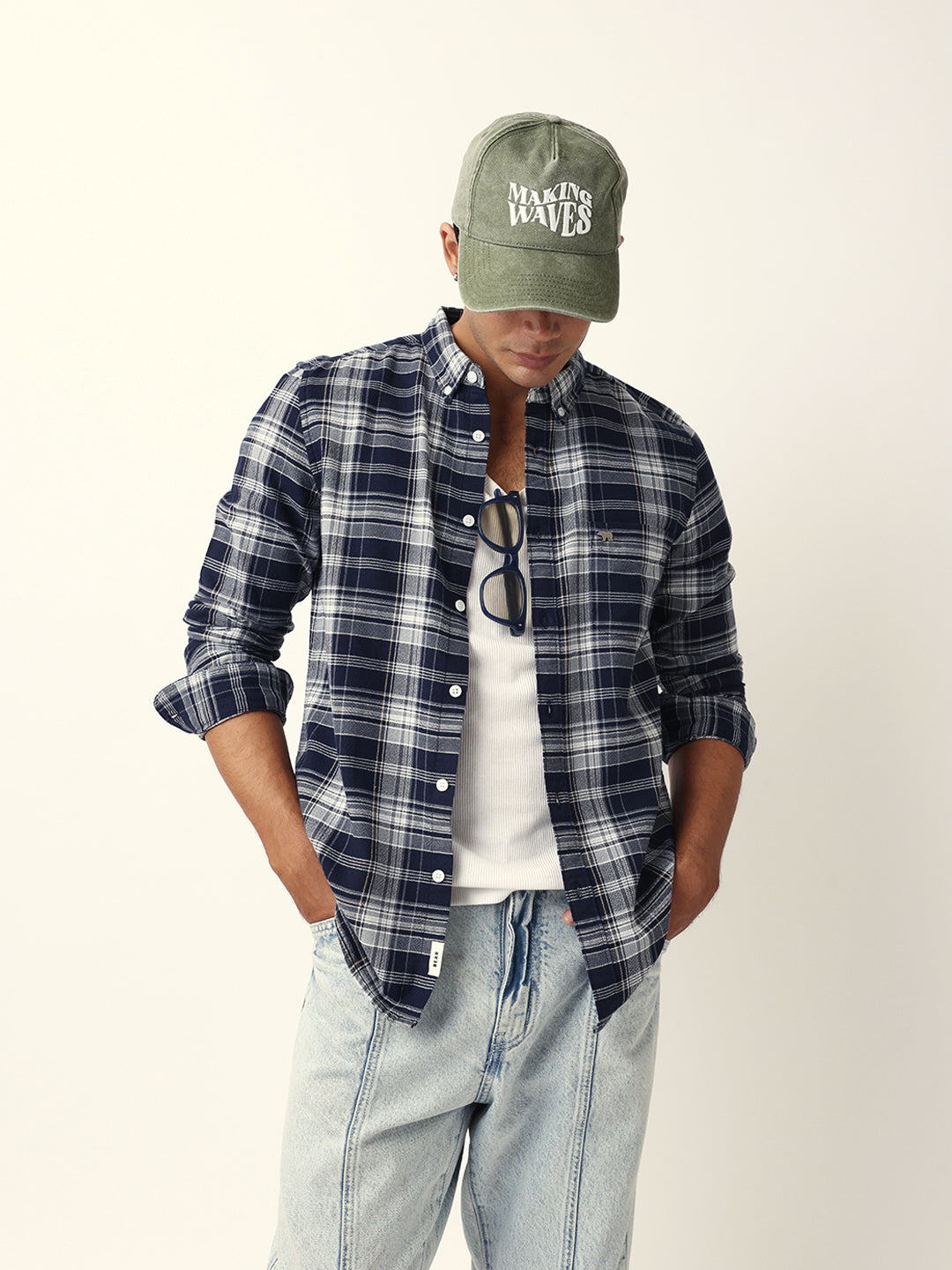 Navy Blue Woven Tartan Checked Slim Fit Casual Shirt