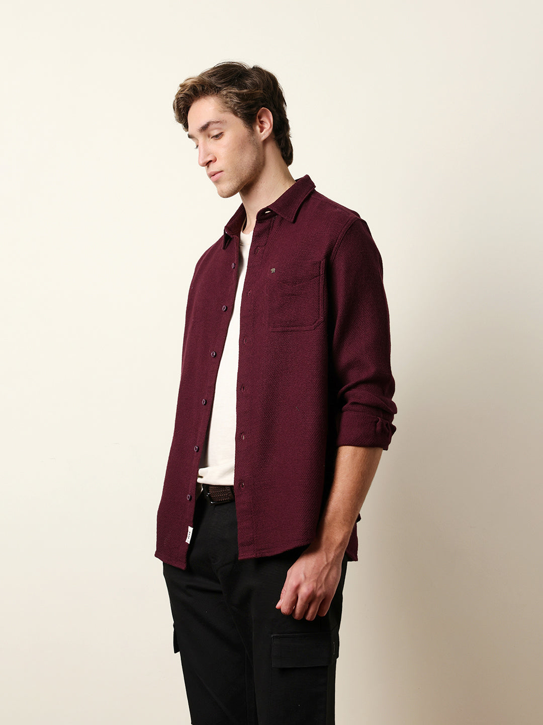 Maroon Woven Textured Regular Fit Casual Shirt