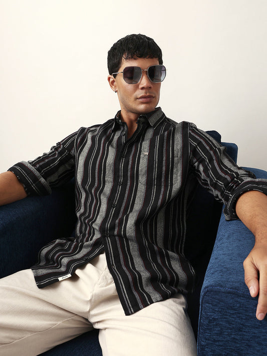 Black Vertical Woven Stripe Slim Fit Casual Shirt