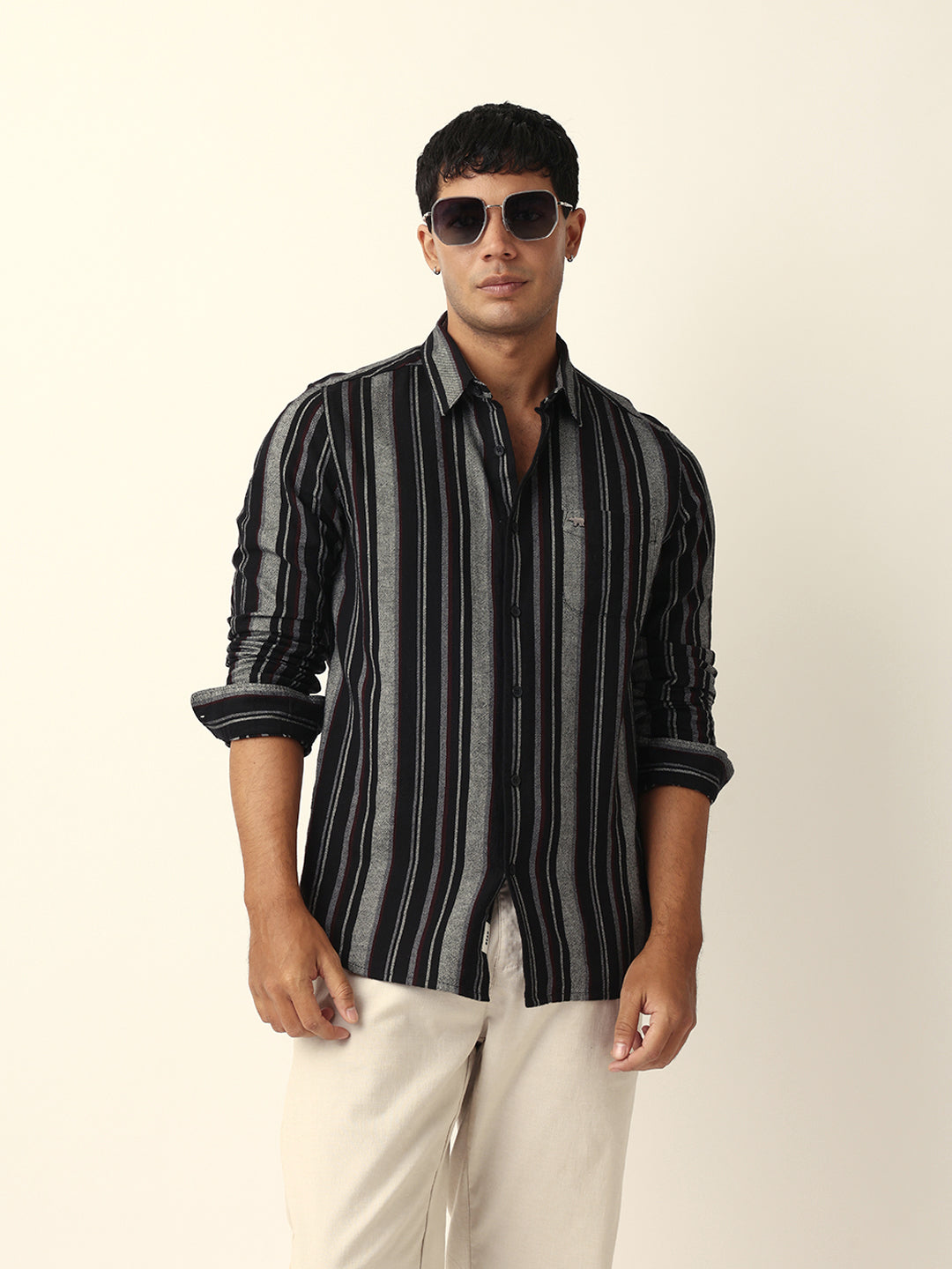 Black Vertical Woven Stripe Slim Fit Casual Shirt