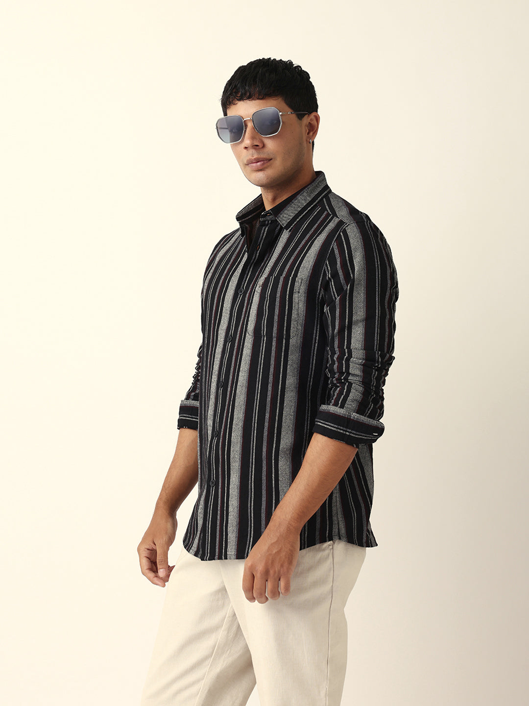 Black Vertical Woven Stripe Slim Fit Casual Shirt