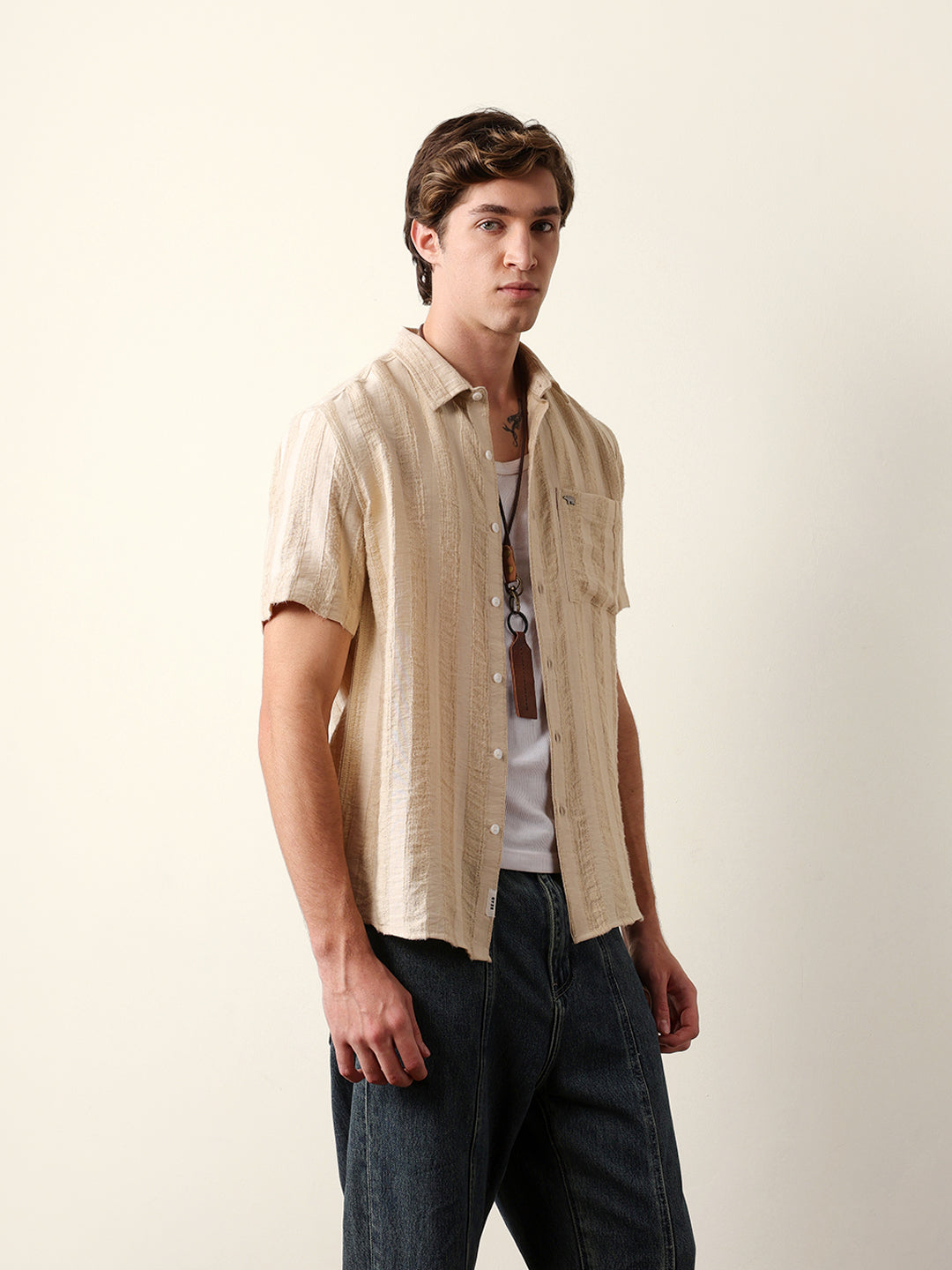 Beige Vertical Stripe Dobby Woven Regular Fit Casual Shirt