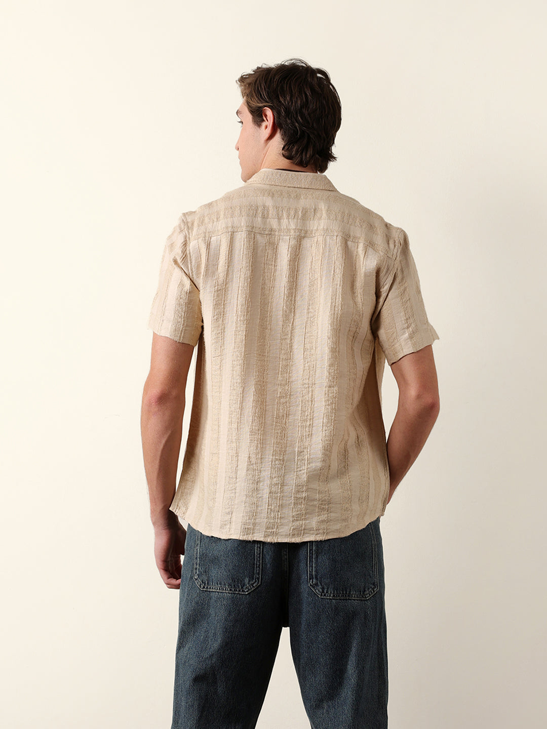 Beige Vertical Stripe Dobby Woven Regular Fit Casual Shirt