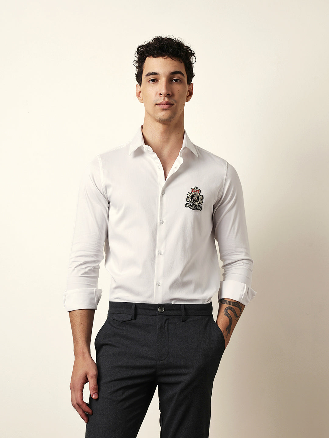 White Tailored Fit Regal Crest Embroidery Formal Party Shirt
