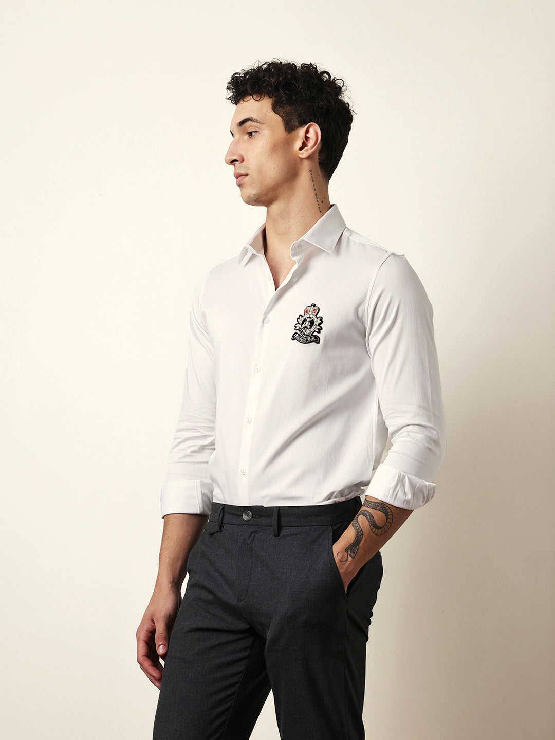 White Tailored Fit Regal Crest Embroidery Formal Party Shirt