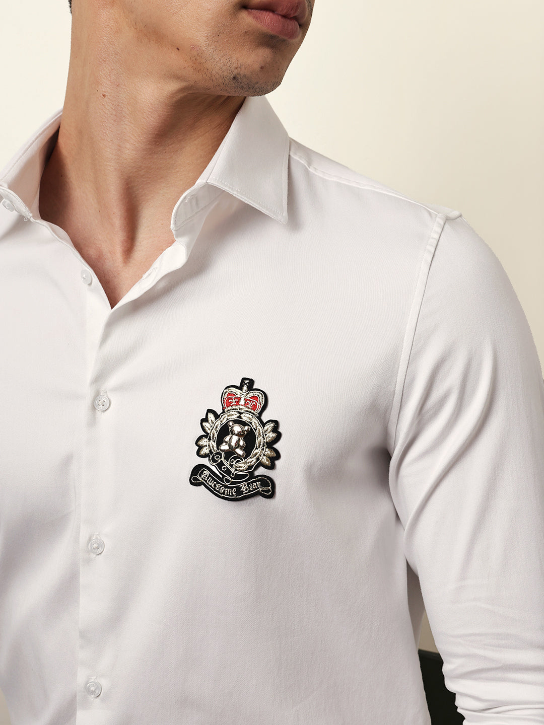 White Tailored Fit Regal Crest Embroidery Formal Party Shirt