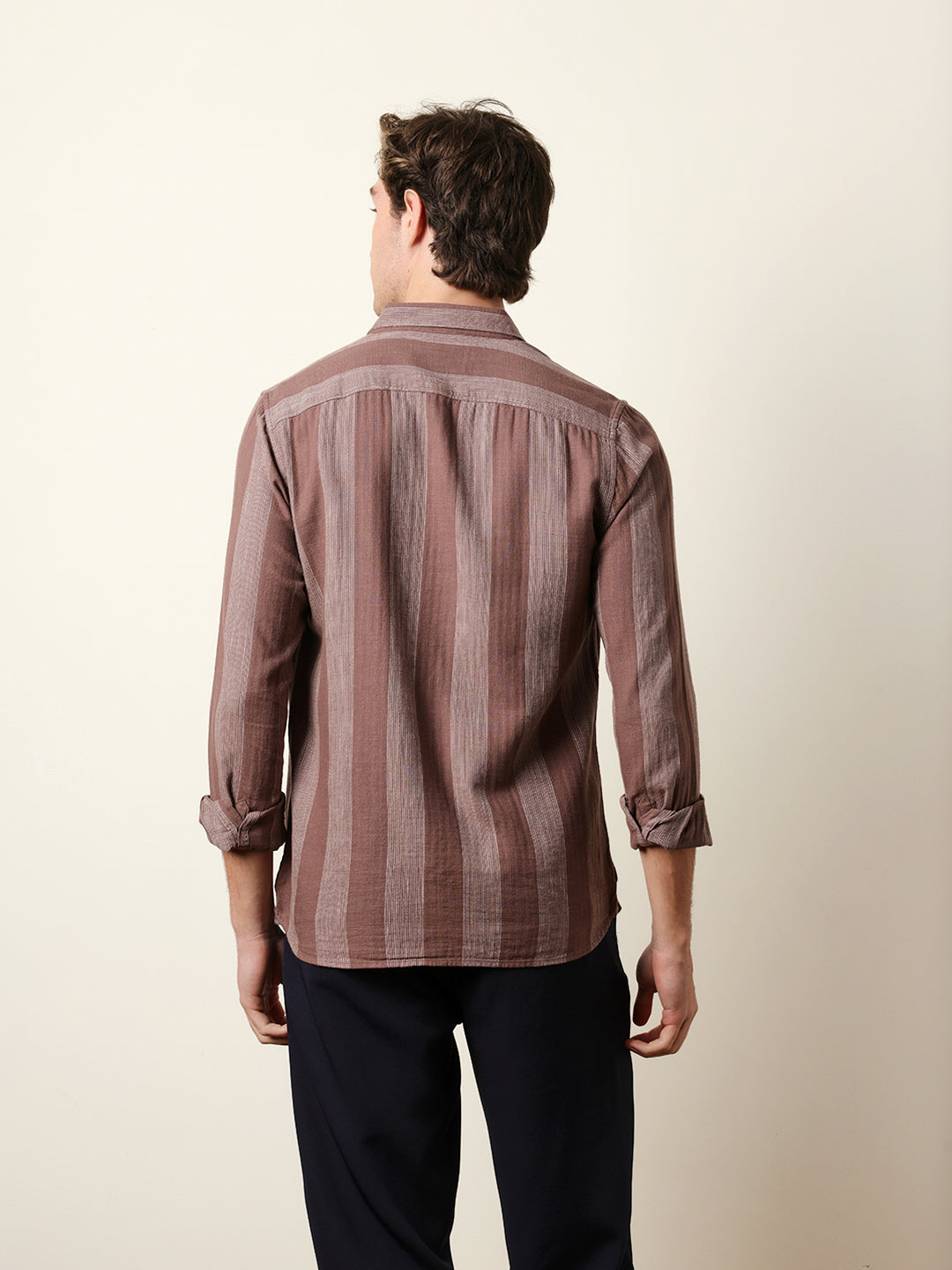 Brown Woven Vertical Stripes Slim Fit Casual Shirt