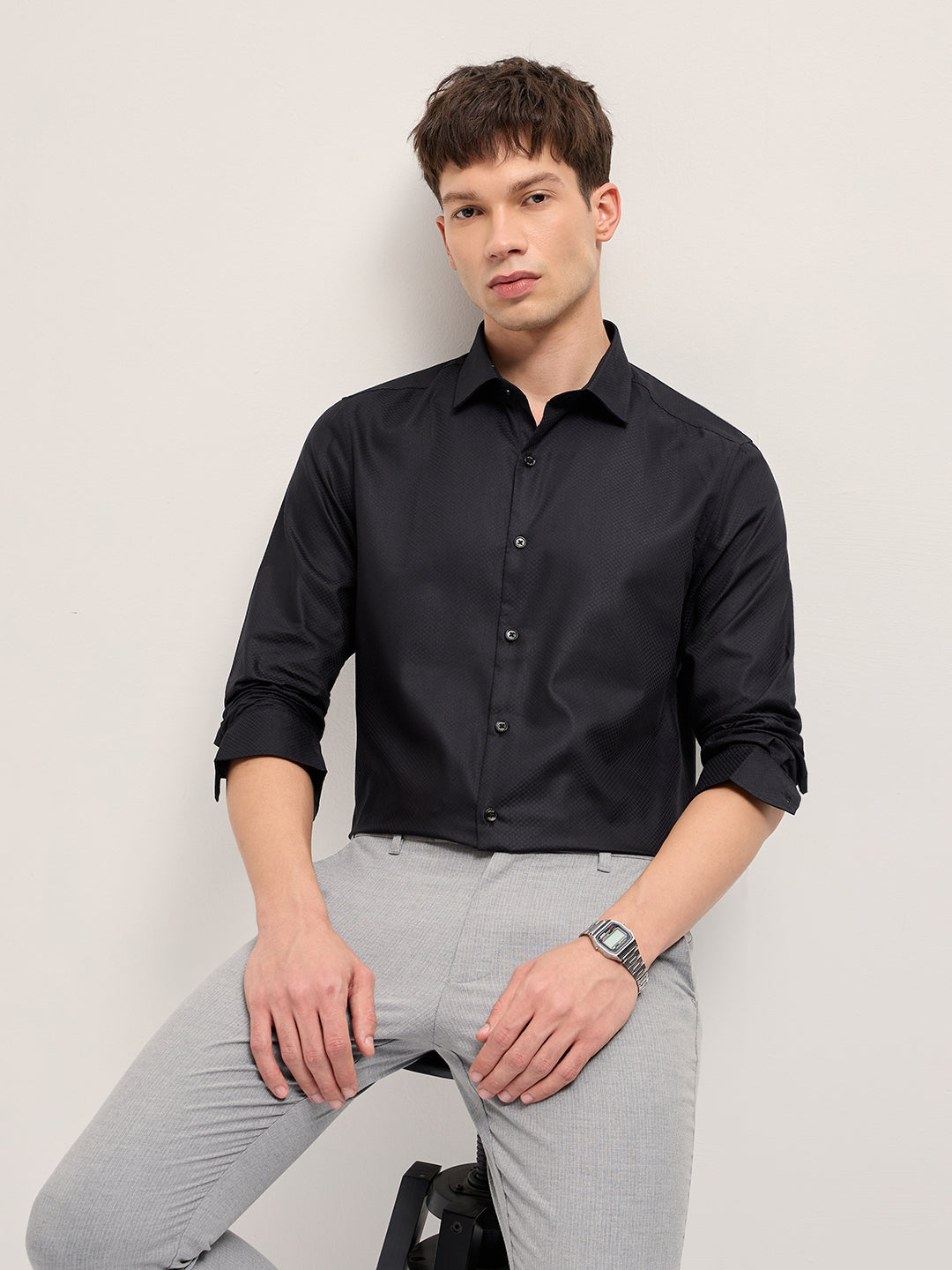 Black Woven Design Tailored Fit Formal Shirt