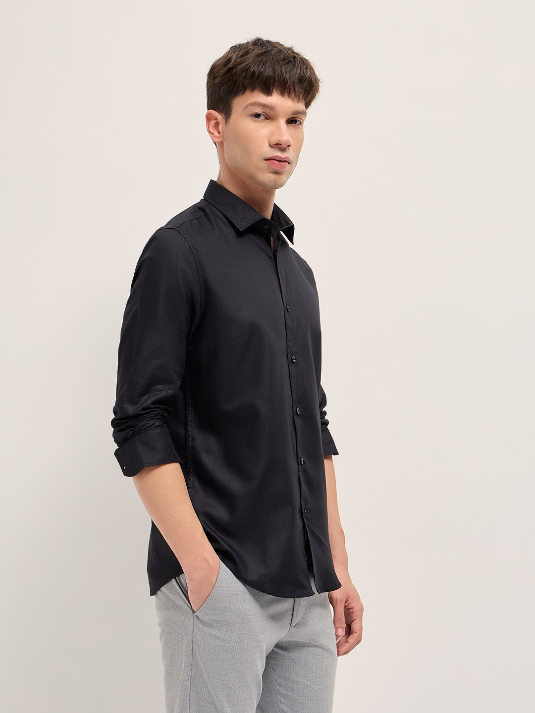 Black Woven Design Tailored Fit Formal Shirt