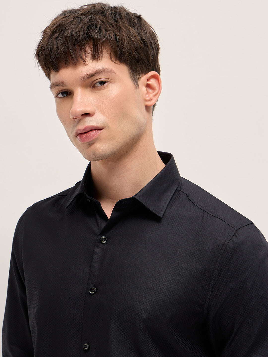 Black Woven Design Tailored Fit Formal Shirt