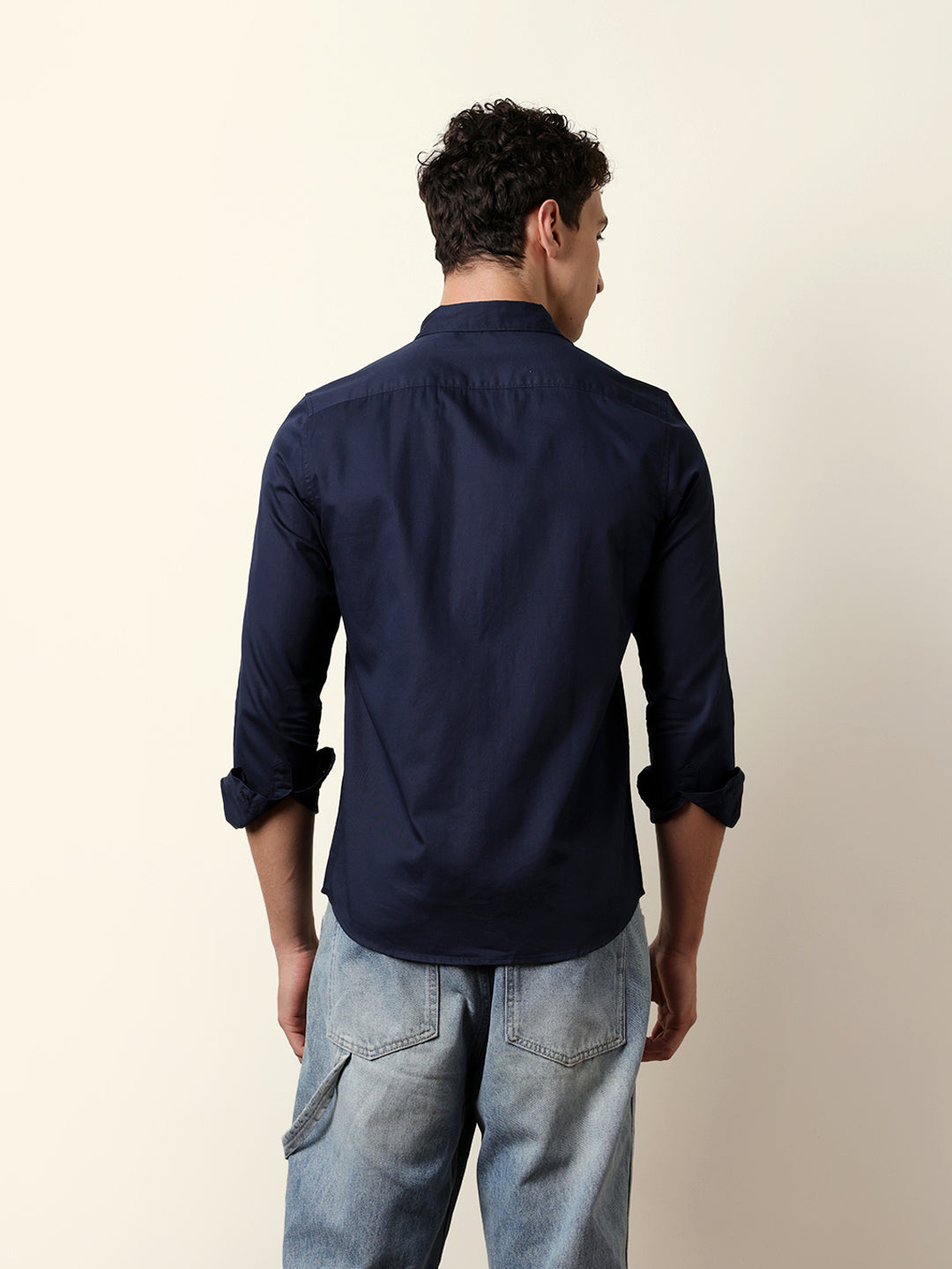 Navy Solid Slim-Fit Casual Shirt with Button-Down Collar