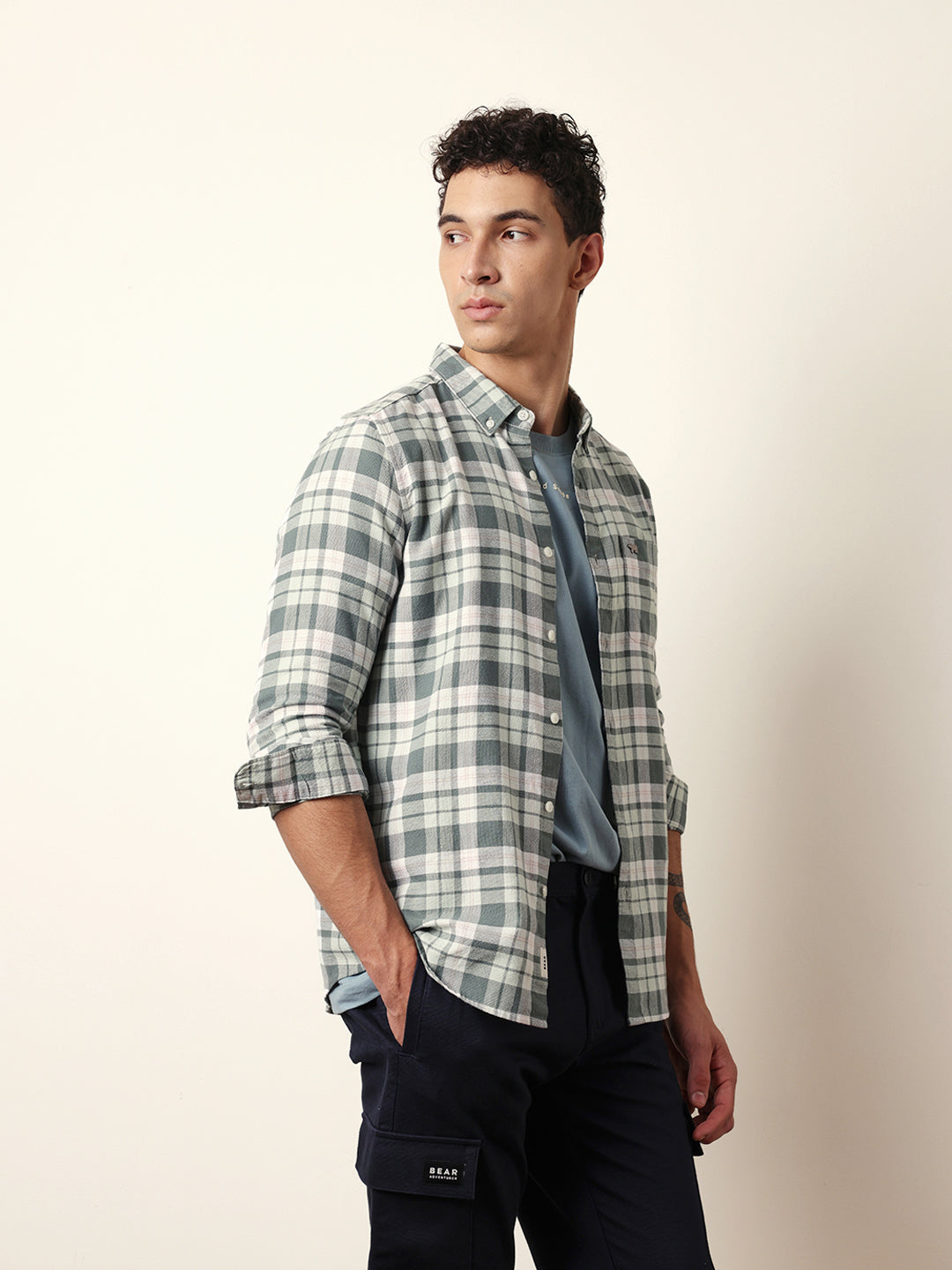 Green Woven Tartan Checked Slim Fit Casual Shirt