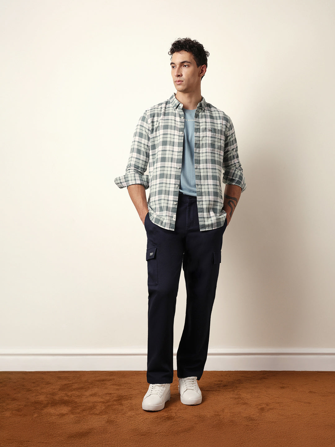 Green Woven Tartan Checked Slim Fit Casual Shirt