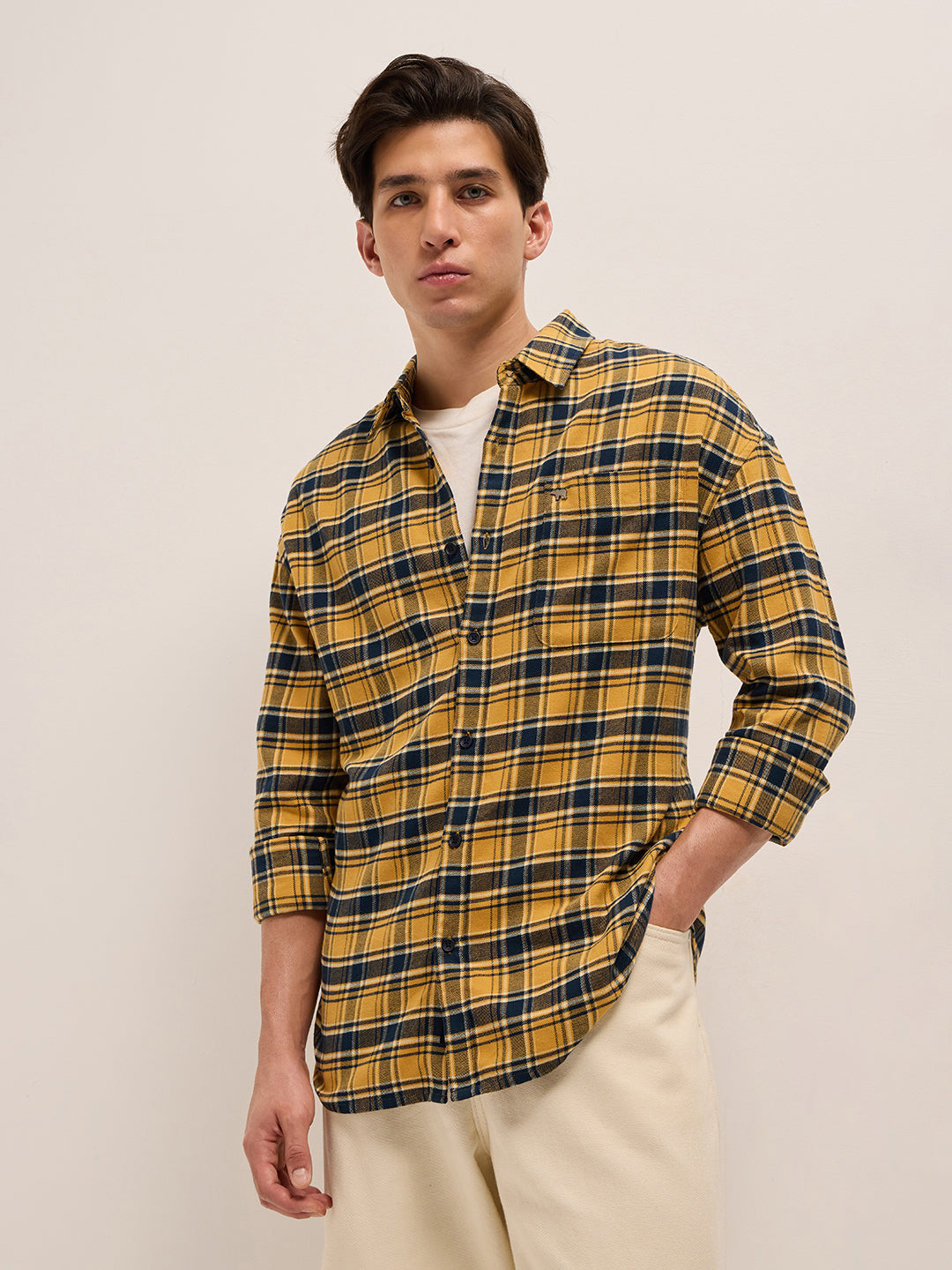 Yellow with Teal Checked Cotton Relaxed Fit Casual Shirt
