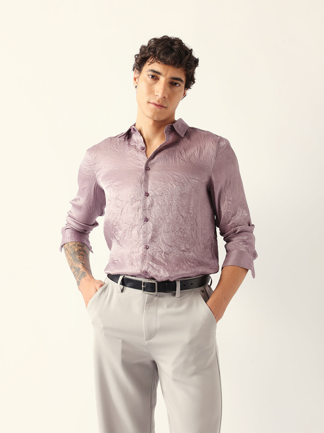 Light Purple Regular Fit Casual Shirt with Crinkle Effect & Subtle Sheen Finish