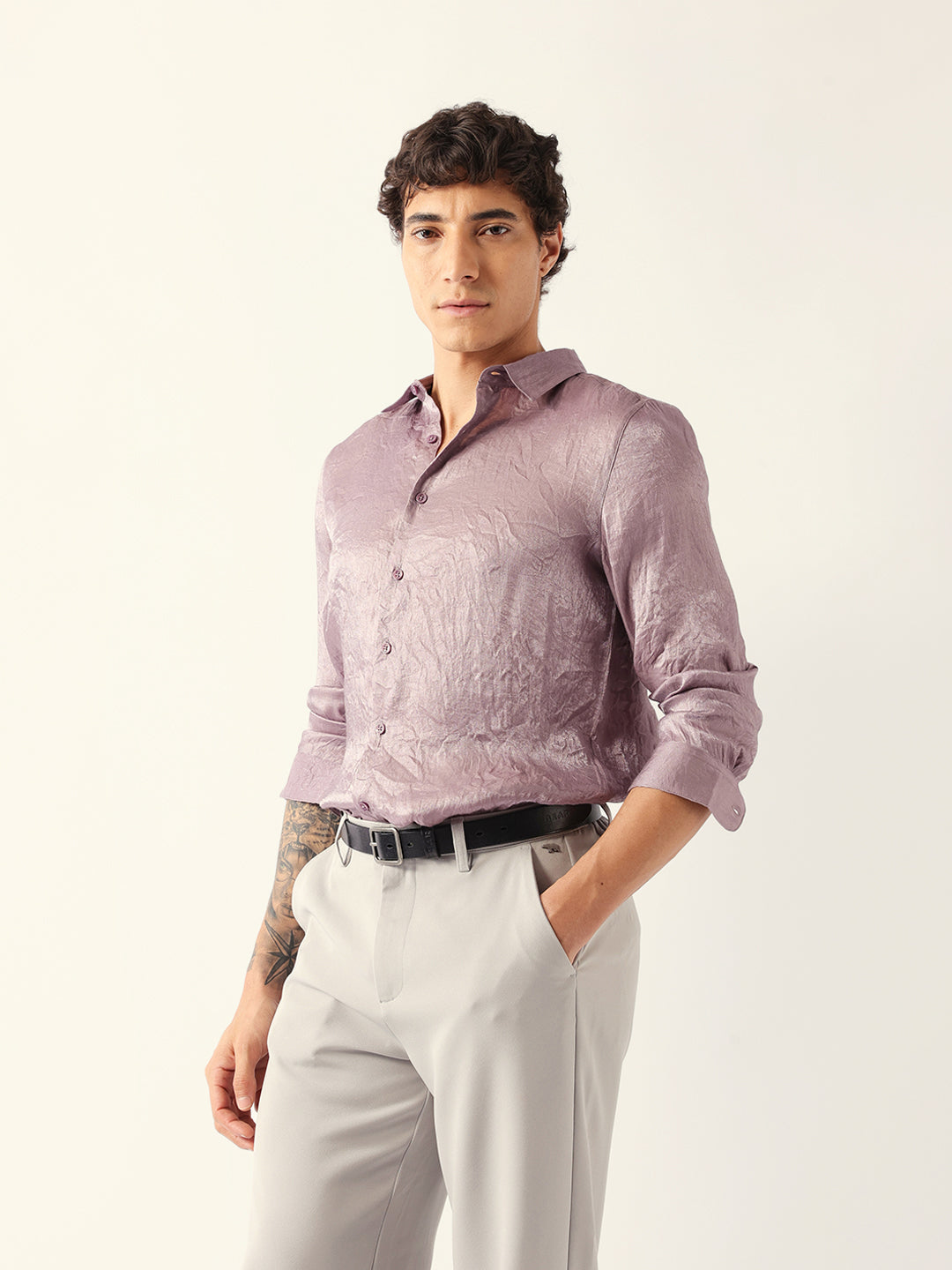 Light Purple Regular Fit Casual Shirt with Crinkle Effect & Subtle Sheen Finish