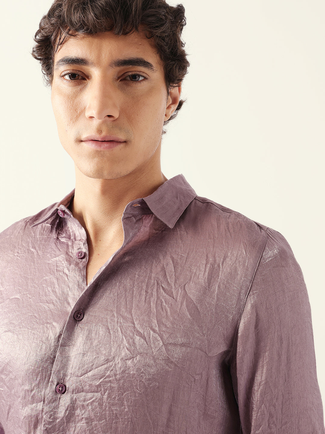 Light Purple Regular Fit Casual Shirt with Crinkle Effect & Subtle Sheen Finish