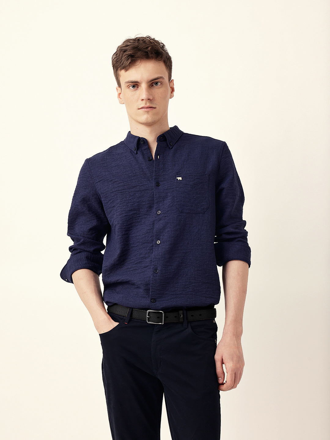 Blue Slim Fit Casual Shirt with Woven Textured Design