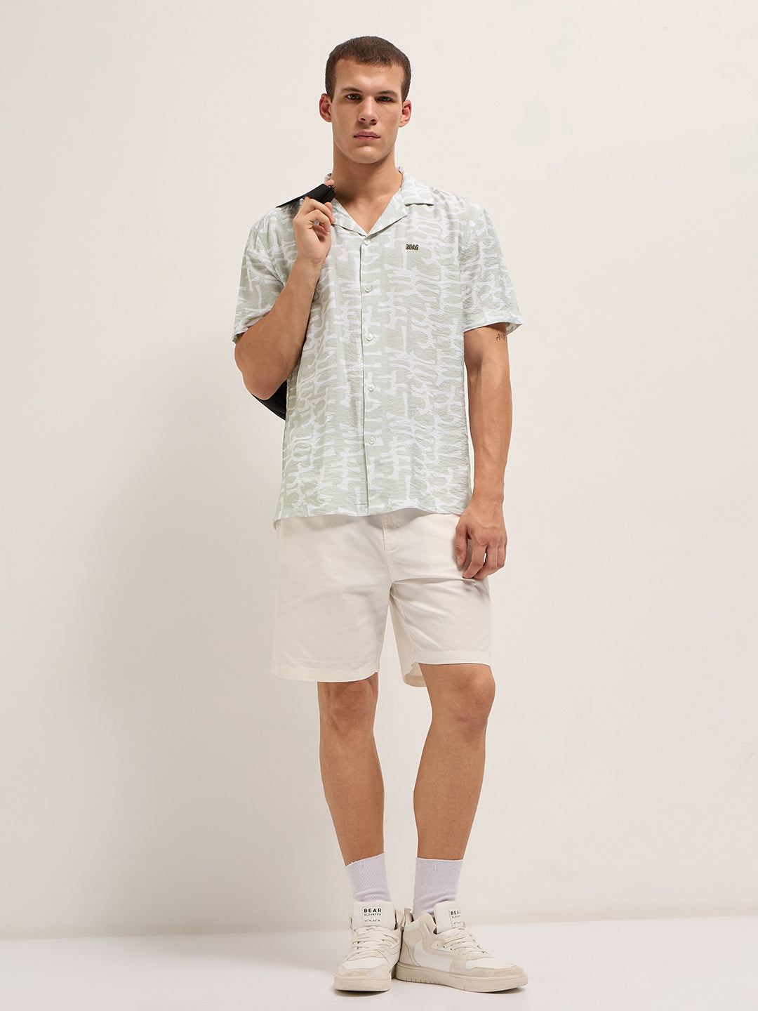 Light Green Abstract Brush Stroke Print Relaxed Fit Cuban Collar Shirt