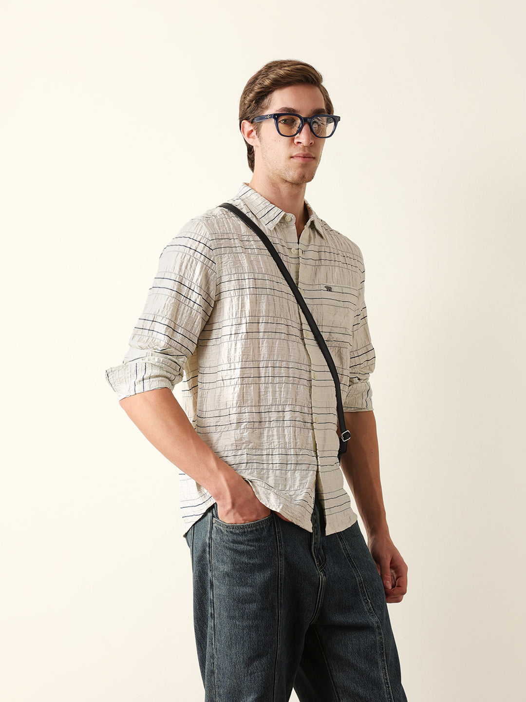 Cream Horizontal Crinkle Stripe Regular Fit Casual Shirt