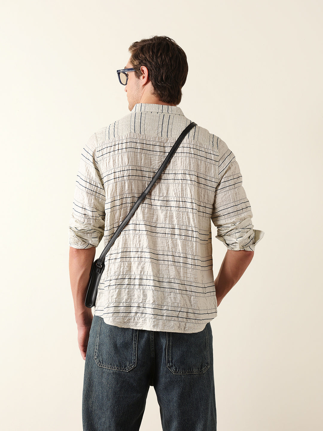 Cream Horizontal Crinkle Stripe Regular Fit Casual Shirt