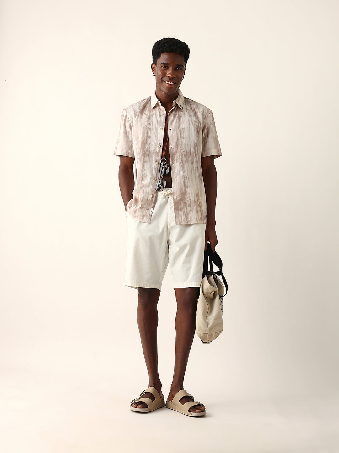 Beige & Cream Relaxed Fit Casual Shirt with Vertical Brushstroke Print