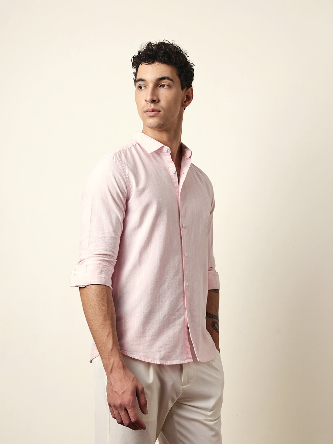 Pink Vertical Woven Stripe Slim Fit Casual Shirt