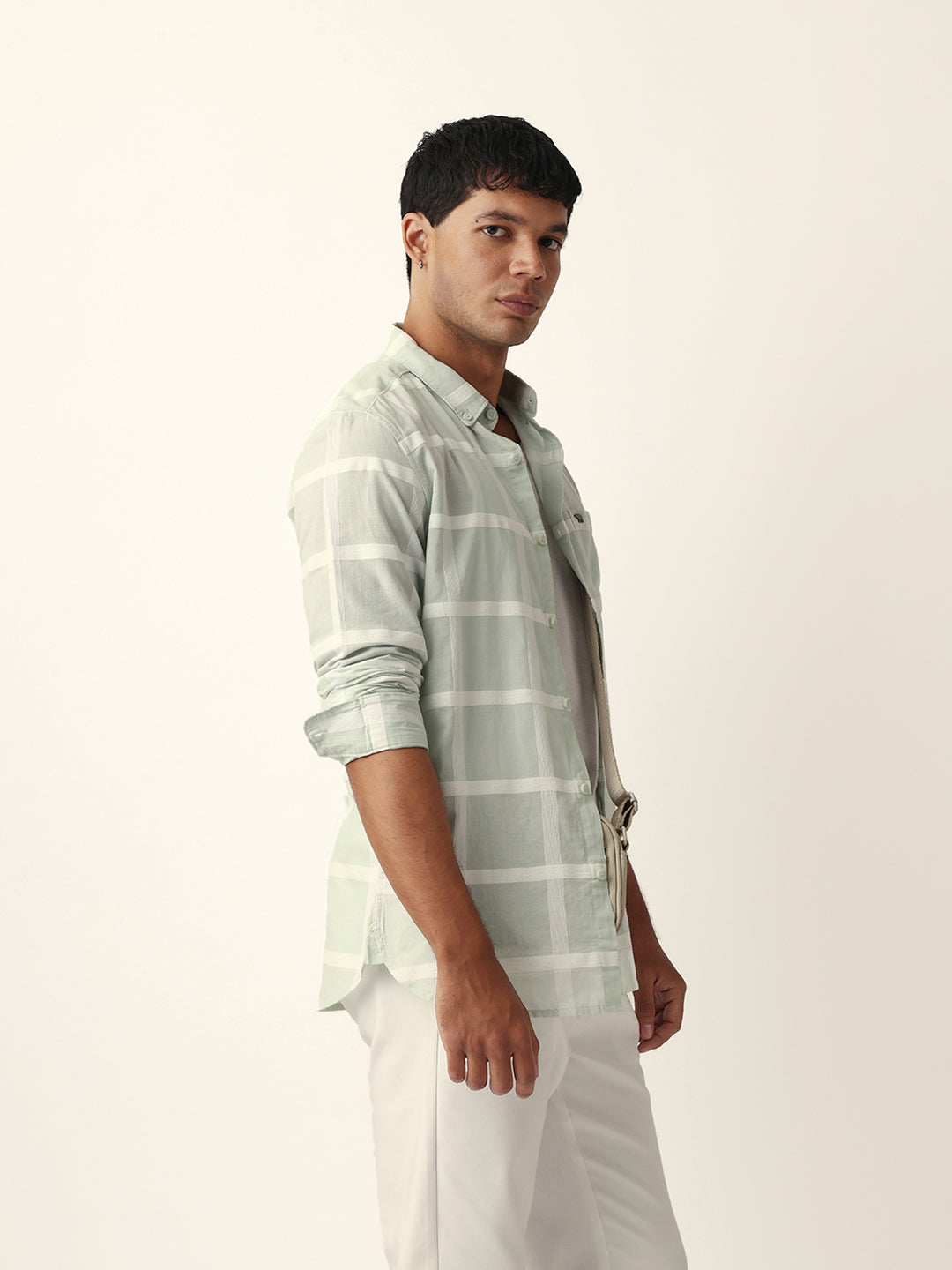 Light Green Woven Windowpane Check Slim Fit Casual Shirt