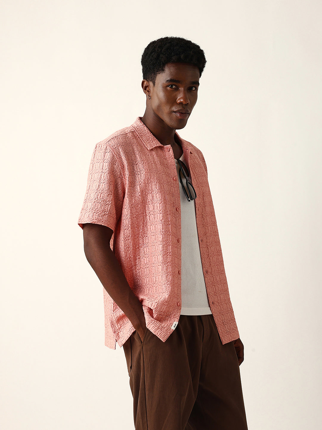 Peach Textured Geometric Relaxed Fit Casual Half Sleeve Shirt