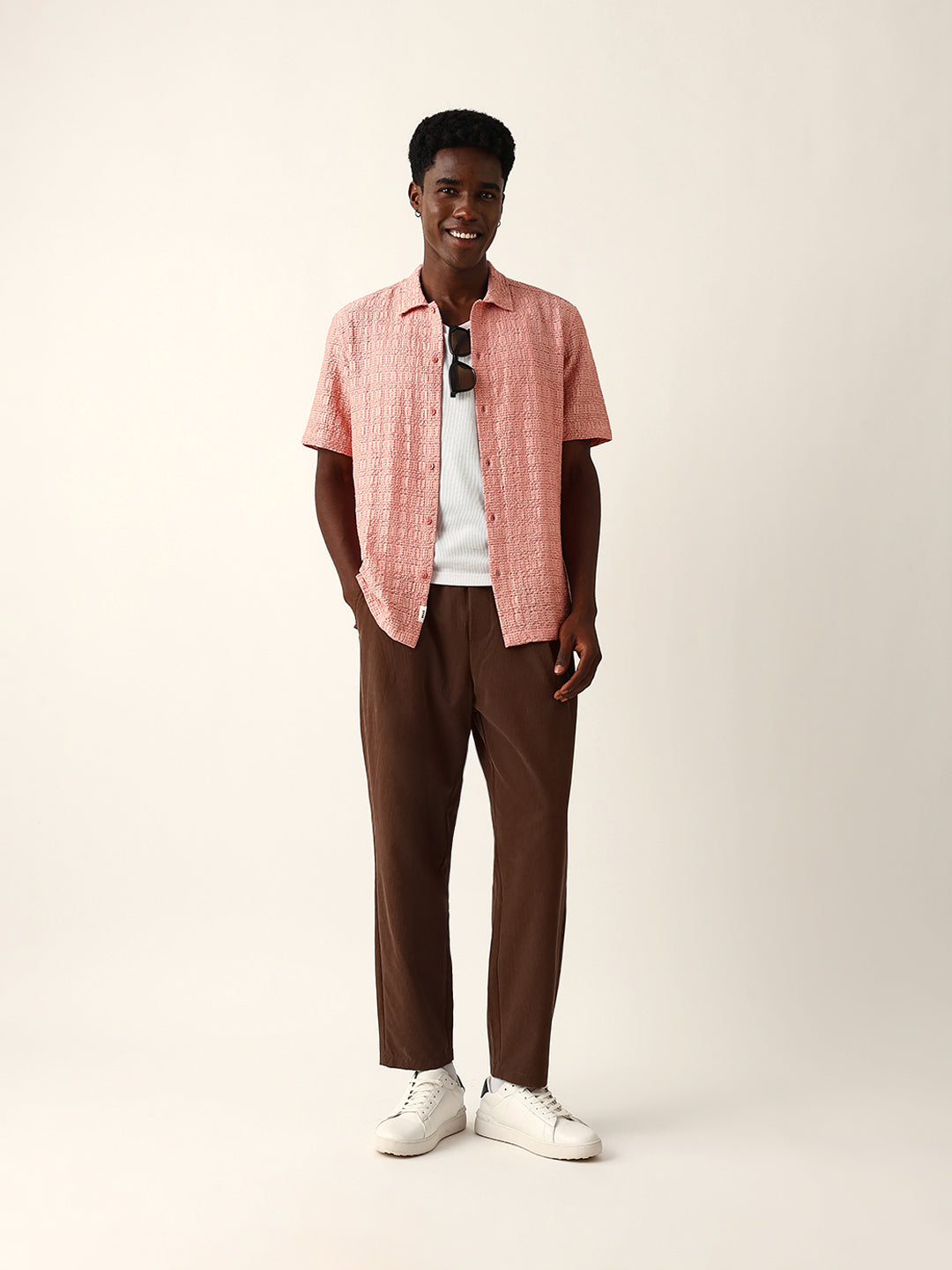 Peach Textured Geometric Relaxed Fit Casual Half Sleeve Shirt