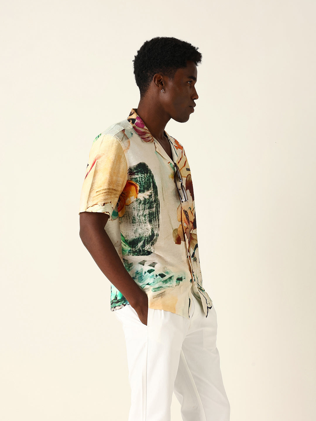 Multicolor Scenic Watercolor Printed Relaxed Fit Short Sleeve Shirt