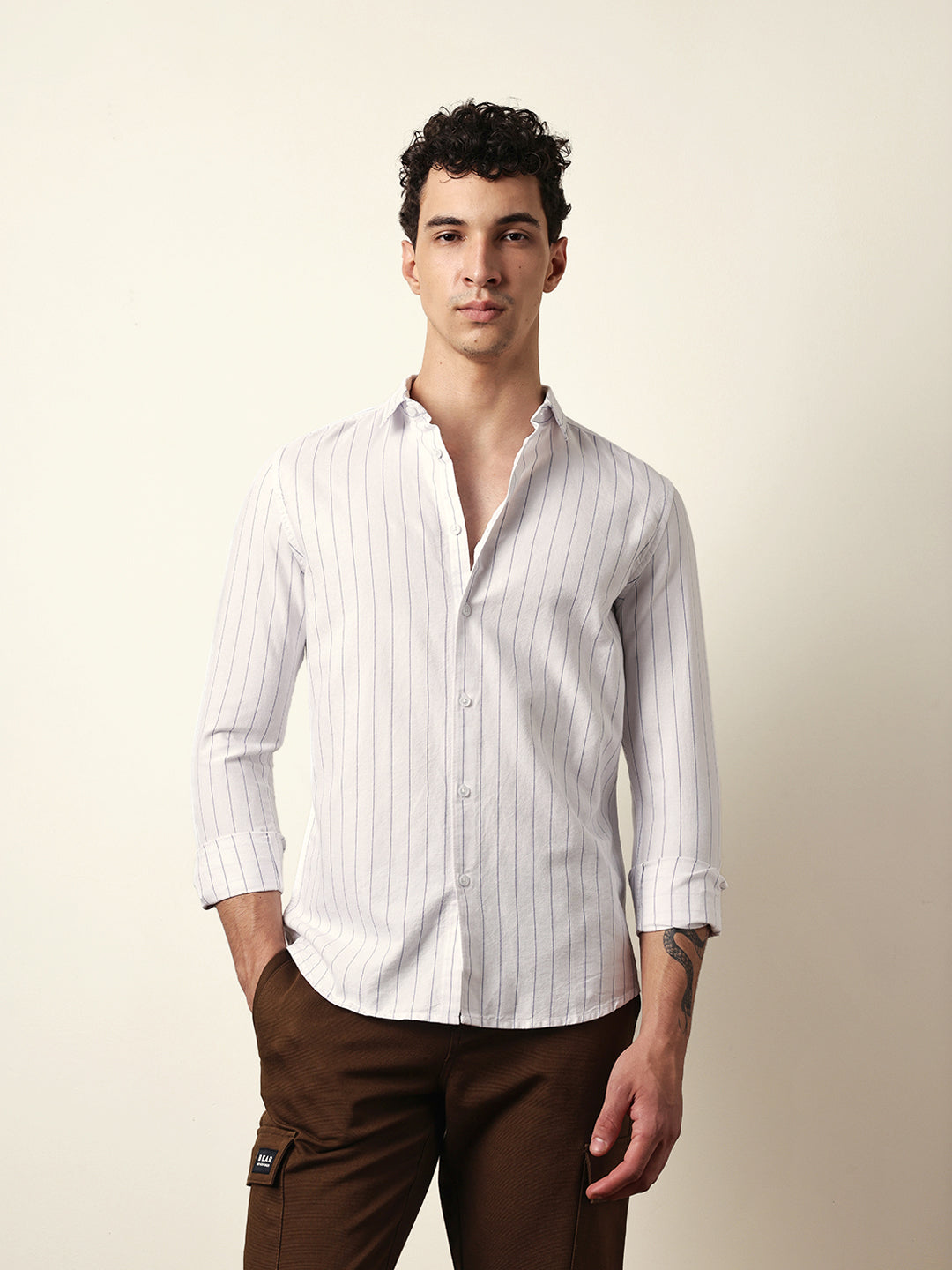 White Vertical Woven Stripe Slim Fit Casual Shirt