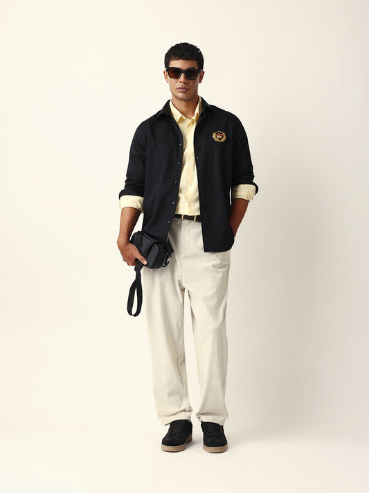Black Tailored Fit Crest Emblem Embroidered Formal Party Wear Shirt