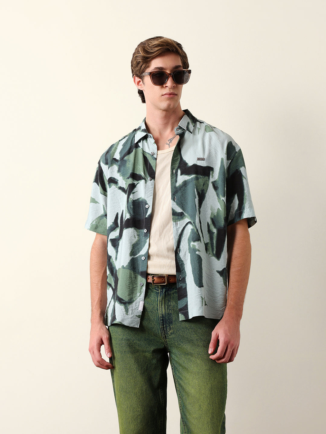 Green Abstract Watercolor Brushstroke Print Oversized Fit Casual Shirt