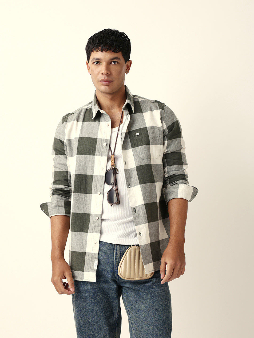 Olive with Cream Woven Checks Slim Fit Casual Shirt