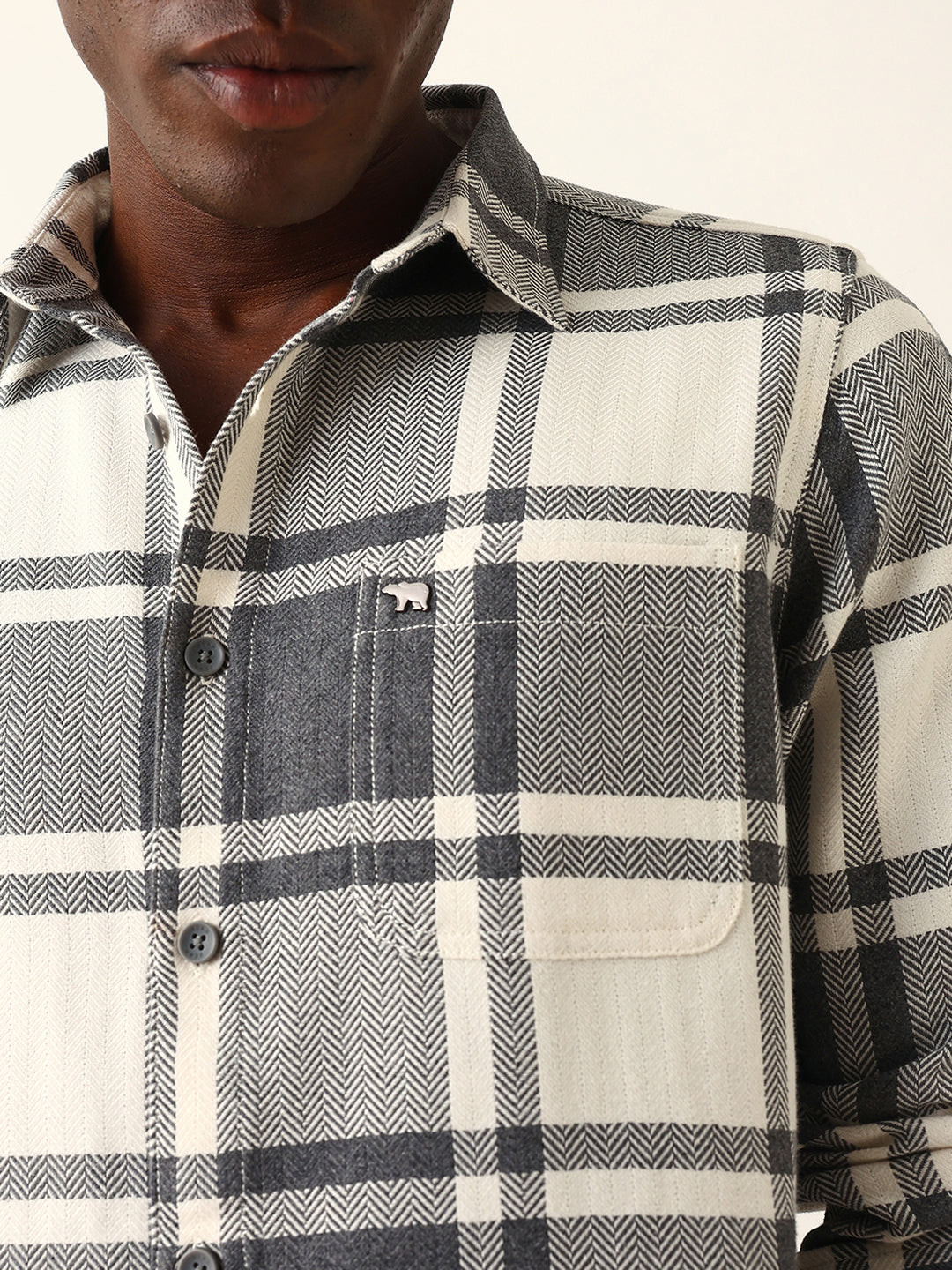 White & Grey Herringbone Flannel Checked Regular Fit Casual Shirt