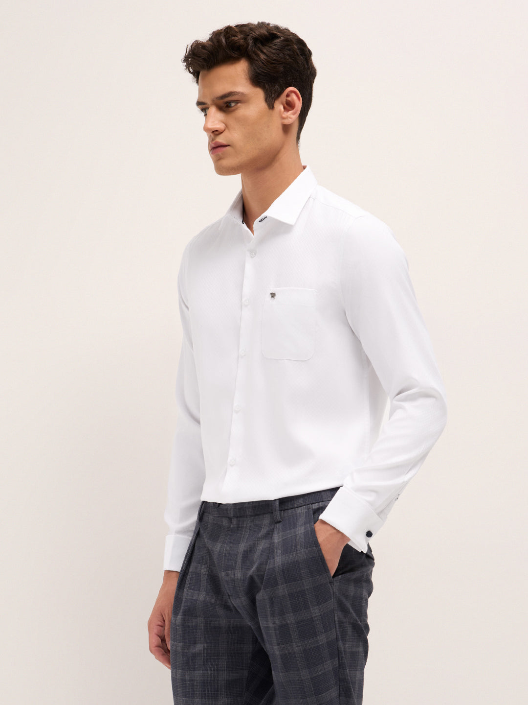 White Woven Micro Check Tailored Fit Formal Shirt with French Cuffs