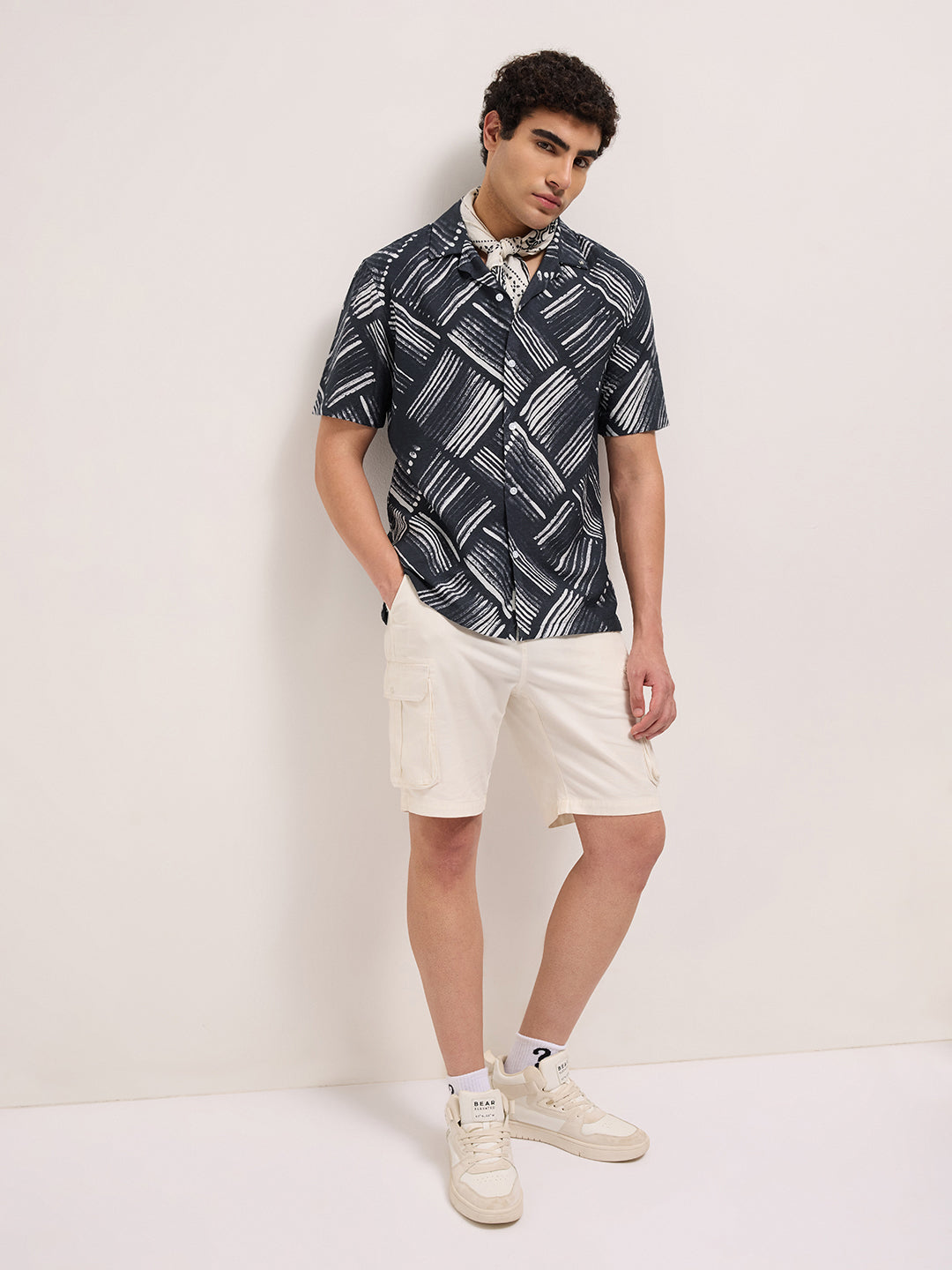 Black Abstract Brushstroke Printed Relaxed Fit Cuban Collar Casual Shirt