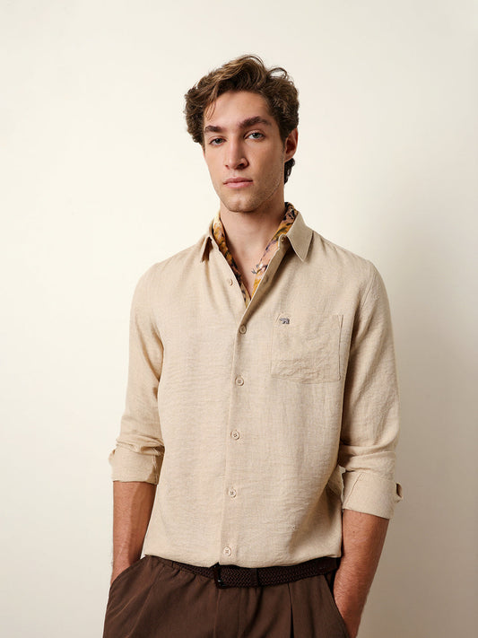 Beige Woven Solid Slim Fit Casual Shirt