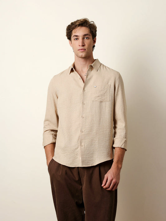 Beige Woven Solid Slim Fit Casual Shirt