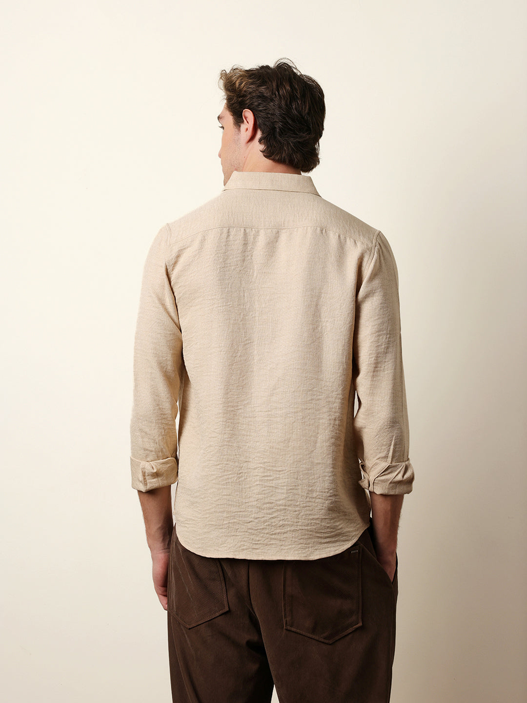 Beige Woven Solid Slim Fit Casual Shirt