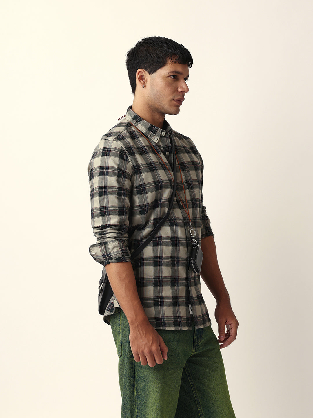 Green Woven Tartan Checked Slim Fit Casual Shirt