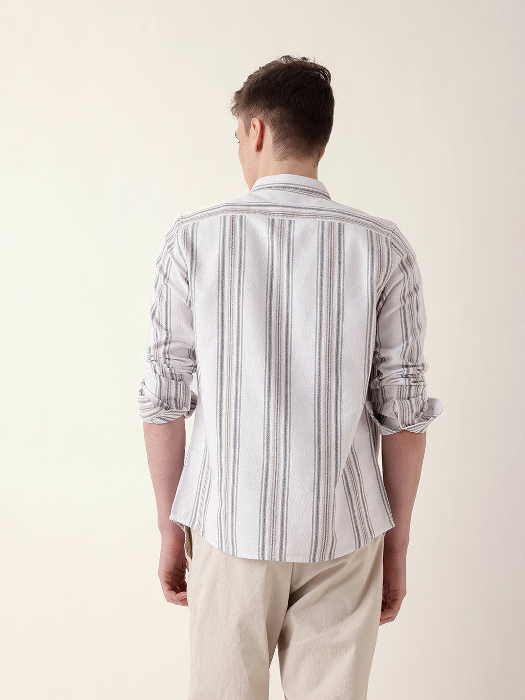 White Vertical Woven Stripe Slim Fit Casual Shirt