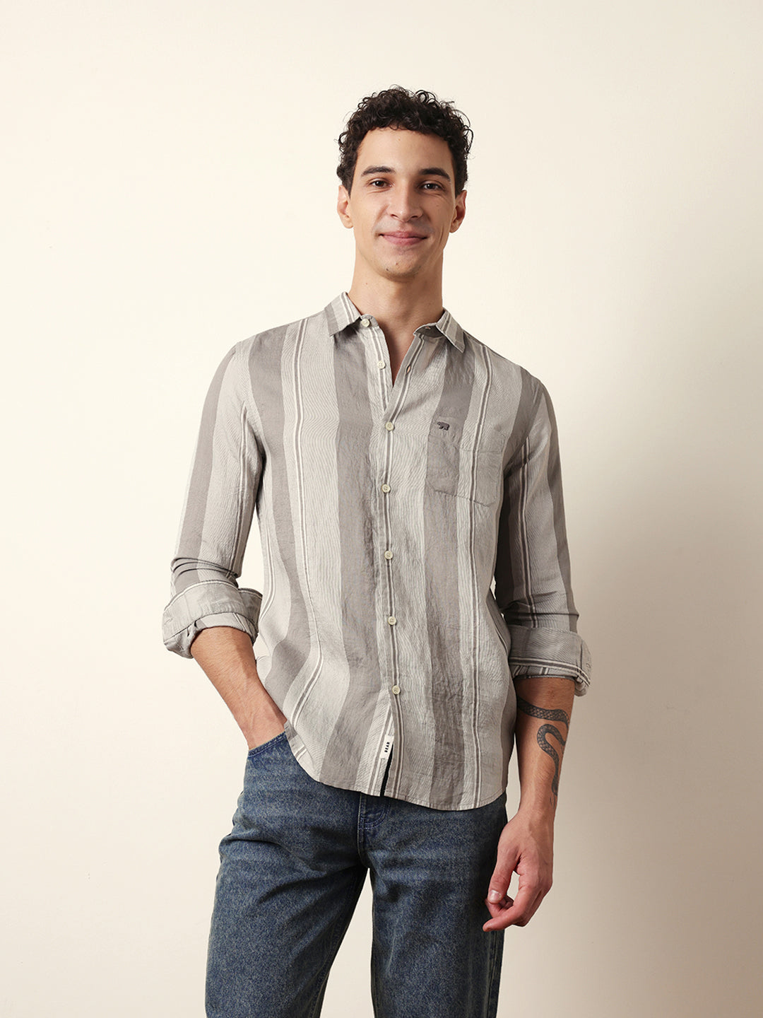 Grey Vertical Woven Stripe Slim Fit Casual Shirt