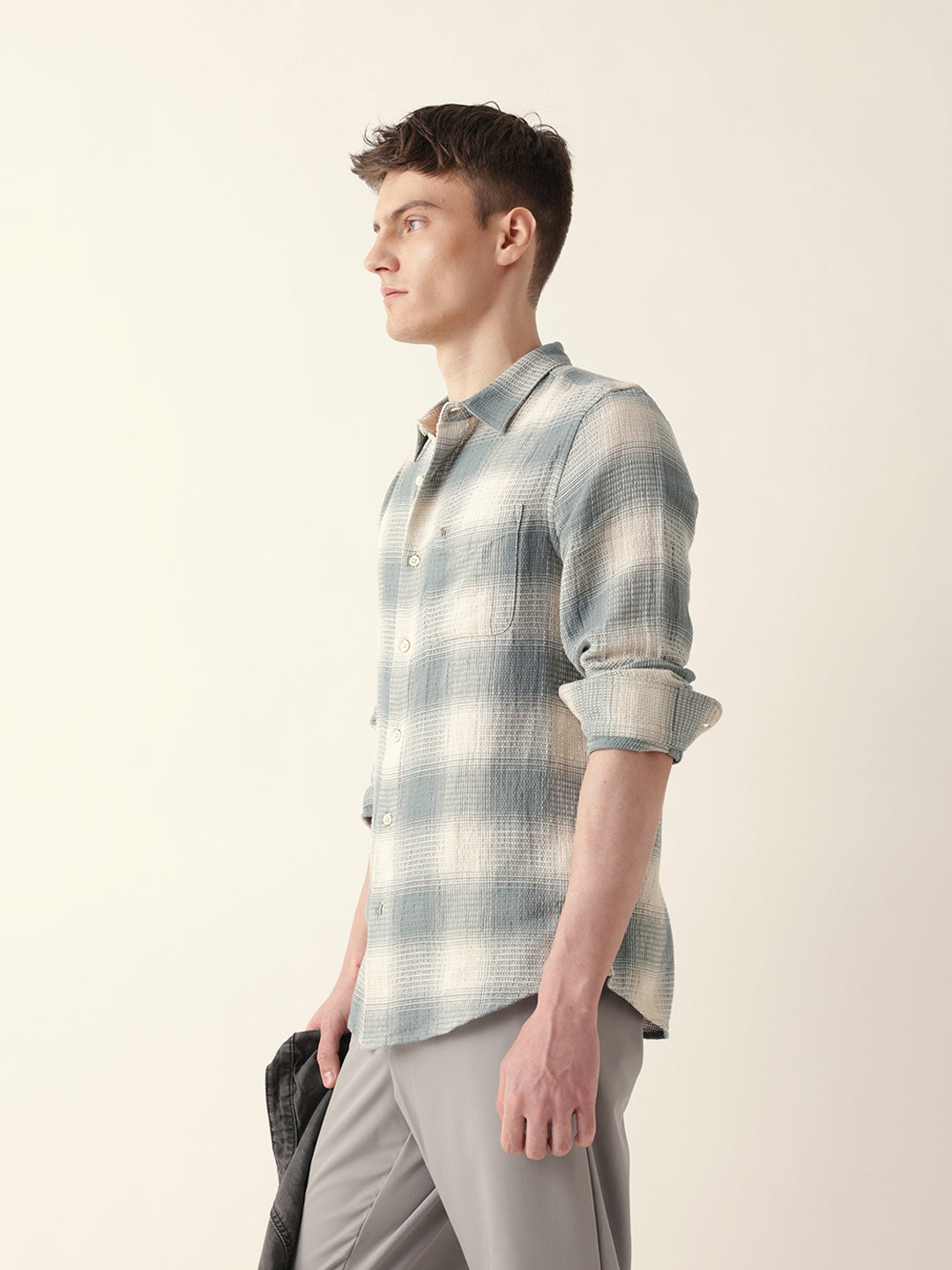 Teal & Cream Woven Textured Checks Regular Fit Casual Shirt