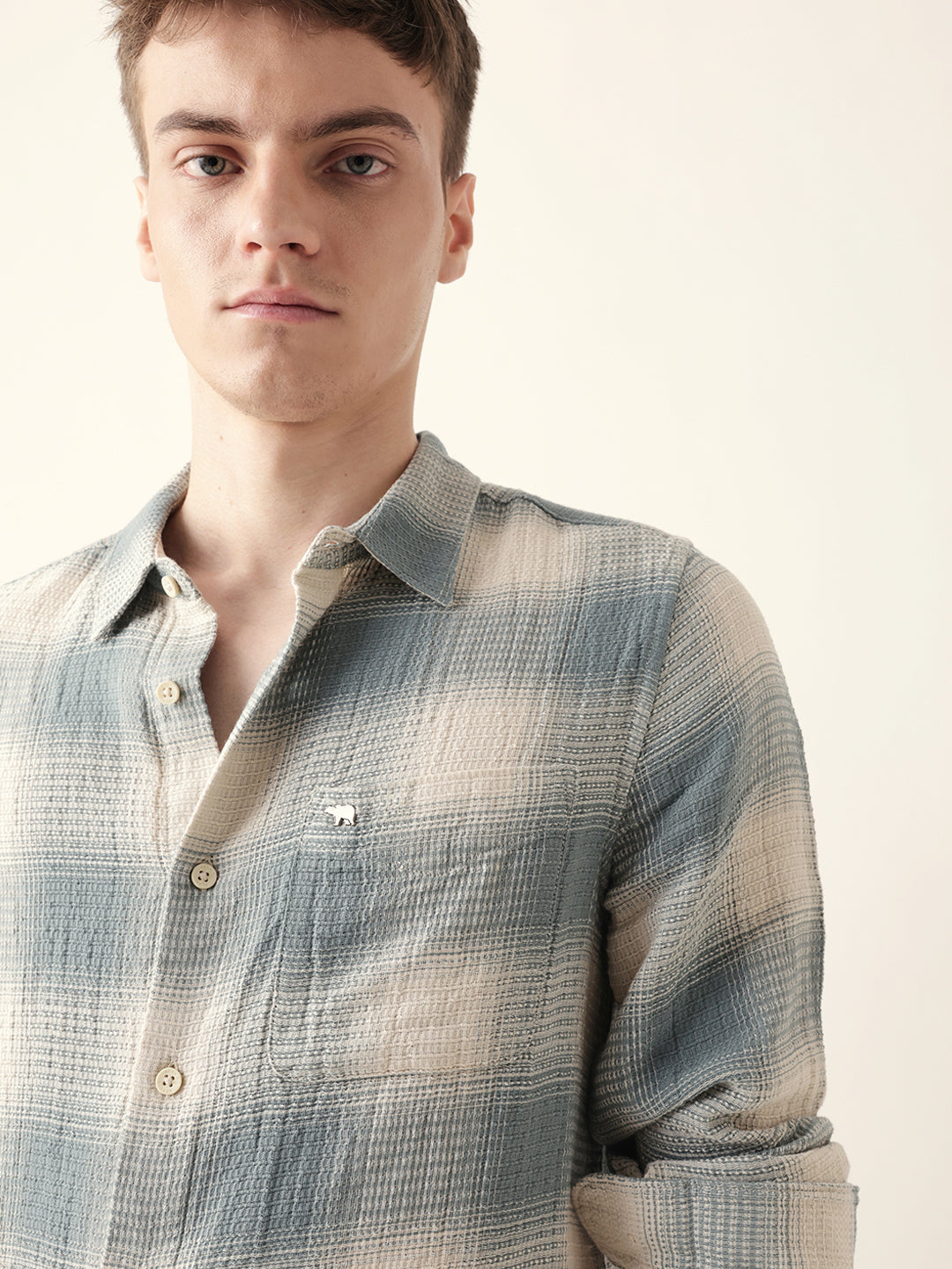 Teal & Cream Woven Textured Checks Regular Fit Casual Shirt