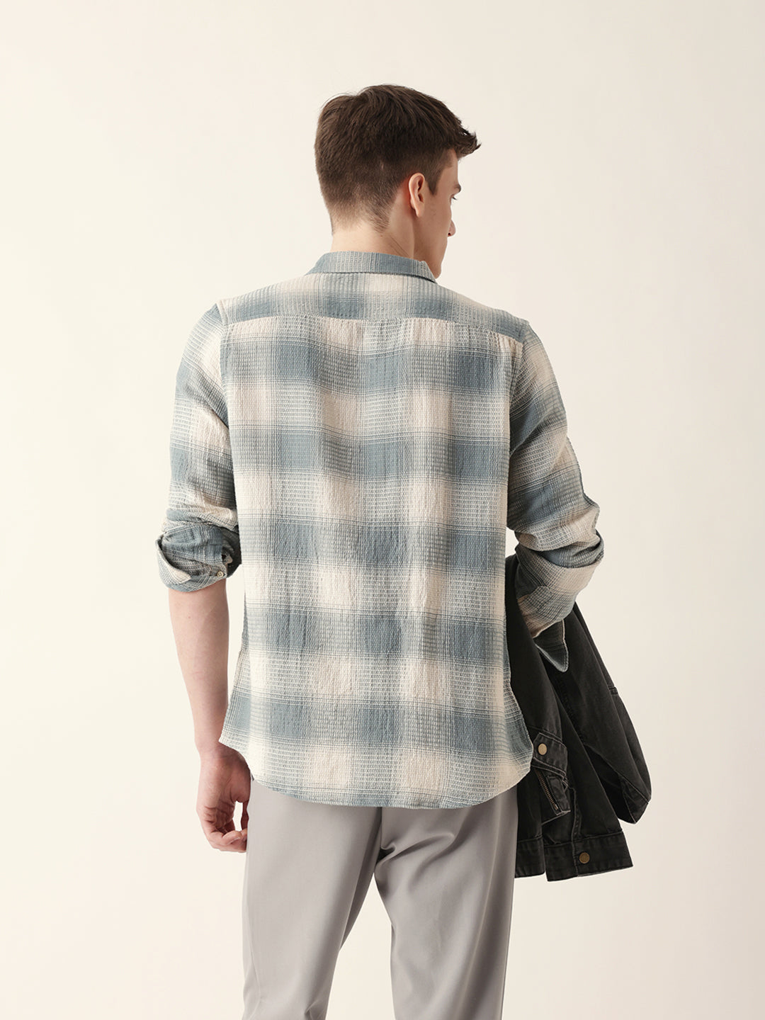 Teal & Cream Woven Textured Checks Regular Fit Casual Shirt