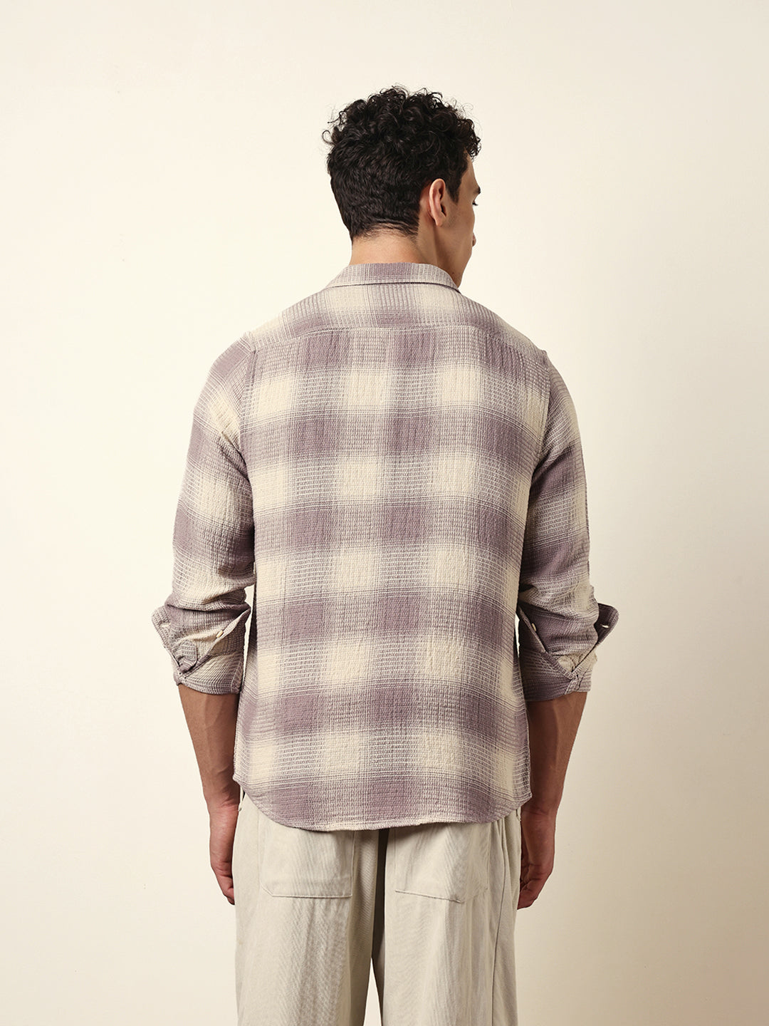Purple & Cream Woven Textured Checks Regular Fit Casual Shirt