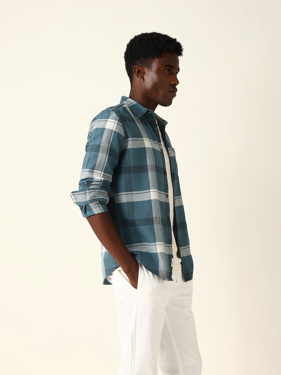 Blue Woven Check Slim Fit Casual Shirt